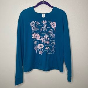 Juniors Botanical Flower Long Sleeve Blue and Pink Hoodie Size Large